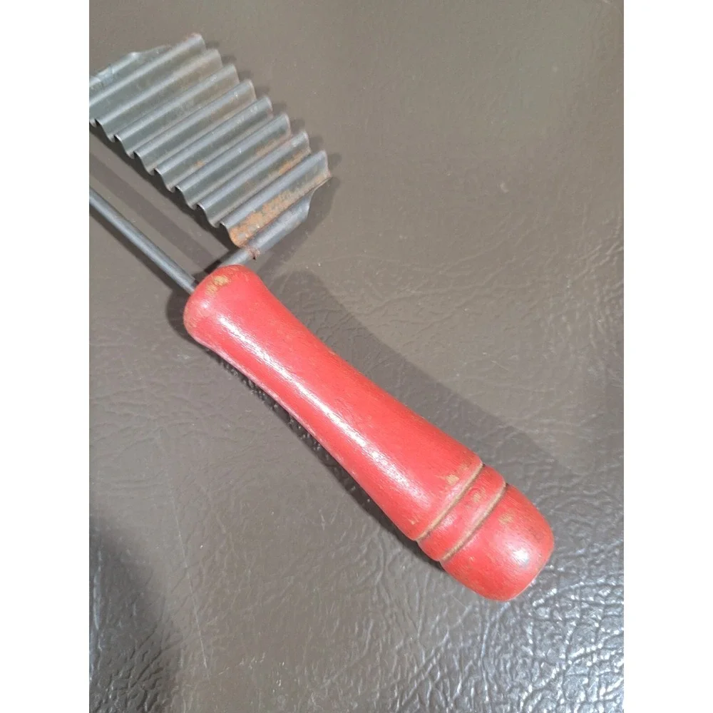 Vintage  Wavy Metal Cheese Slicer with wood Red  Handle